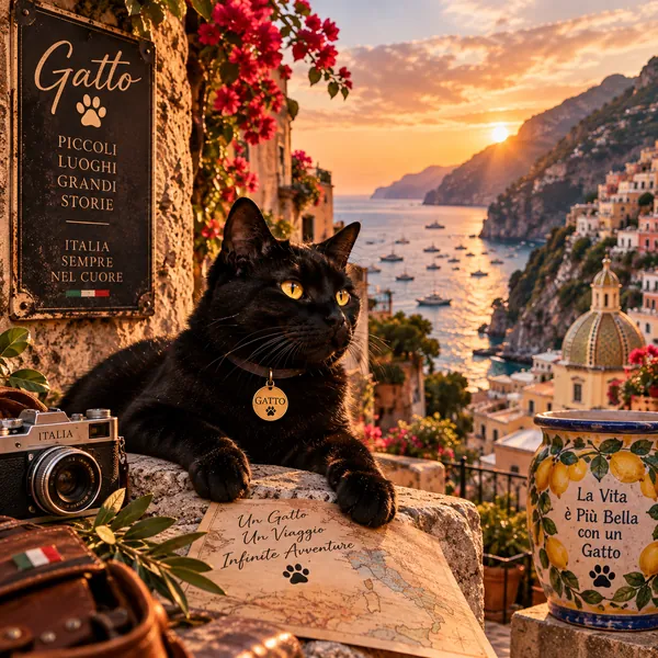 Gatto, a black cat with a gold GATTO tag, resting on a wall above the Italian coast at sunset