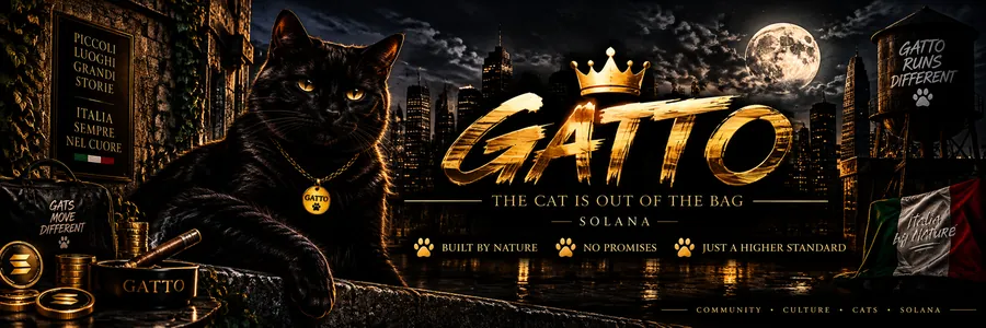 Night banner: Gatto with a gold chain beside a crowned gold GATTO wordmark over a moonlit skyline. The cat is out of the bag. Solana. Built by nature, no promises, just a higher standard.