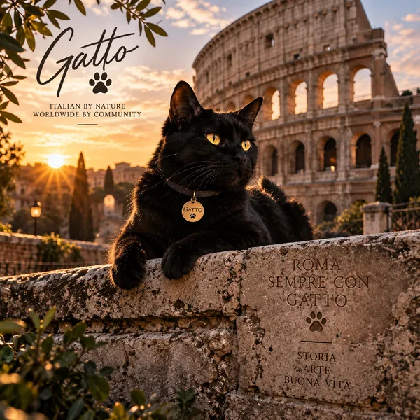 Gatto on an ancient stone wall in front of the Colosseum at sunset. The stone reads: Roma sempre con Gatto.