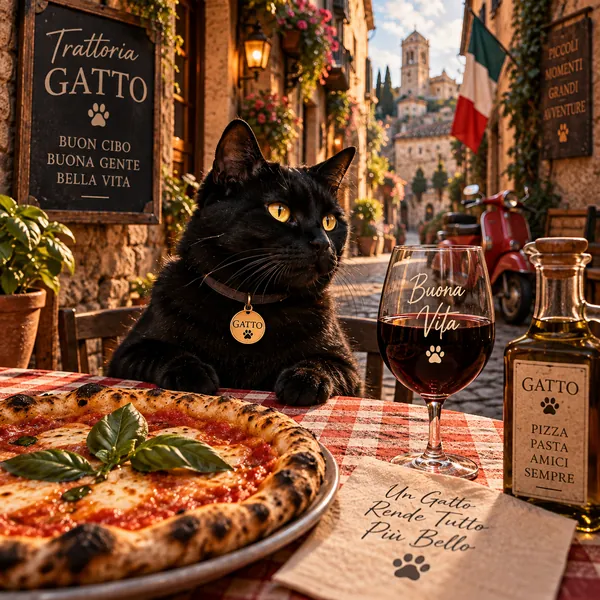 Gatto at a trattoria table with pizza and a glass of red wine that reads Buona Vita, a red scooter and an Italian flag behind